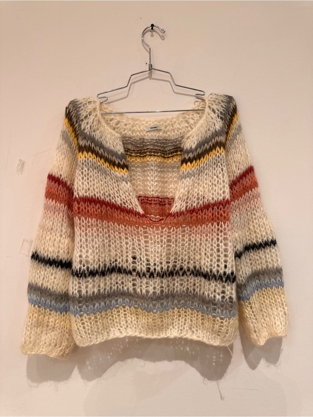 Striped Cream V-Neck Mohair Blend Sweater